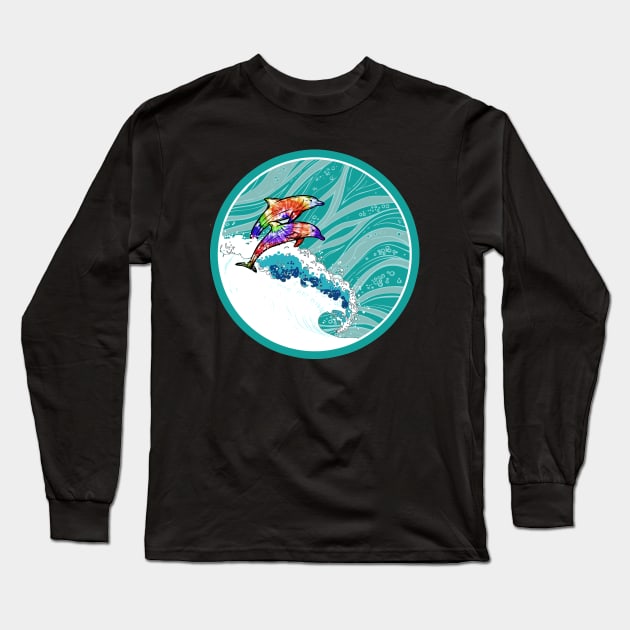 Tie Dye Dolphins Riding the Ocean Waves Long Sleeve T-Shirt by Joaddo